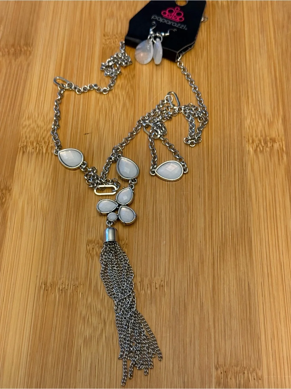 Silver Tone Tassel Pendant Necklace with White Teardrop Accents
